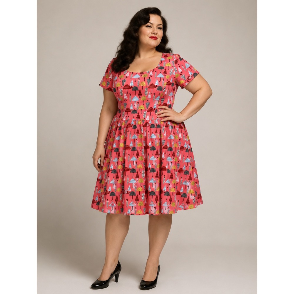 EVA ROSE Umbrella Print Fit Flare Dress 3X Pockets Kitschy Pinup Whimsical Pink